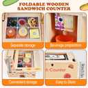 Foldable Sandwich Maker Toy, Wooden Sandwich Counter with Hamburgers, Side Dishes, Beverages, Pretend Play Kitchen Food Toy, Preschool Toys Gift for Kids 3+