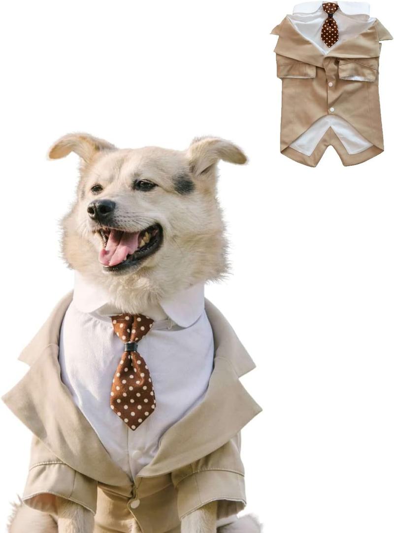 HDKUW Large Dog Wedding Shirt, Dog Tuxedo with Bow Tie, Dogs Wedding Formal Suit, Doggie Prince Gentleman Costume for Medium Large Dogs Khaki 7XL (7XL:Chest Girth 34"-37",Weigth 80-100LB)