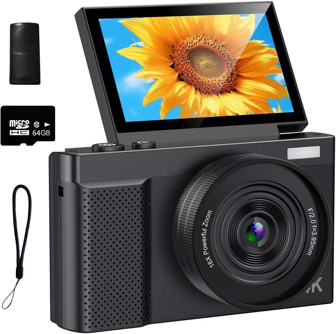 4K Digital Camera,64MP Camera for Photography with 3" 180 Flip Screen,16X Vlogging Camera for YouTube with 64GB Micro SD Card for Beginner, Teens