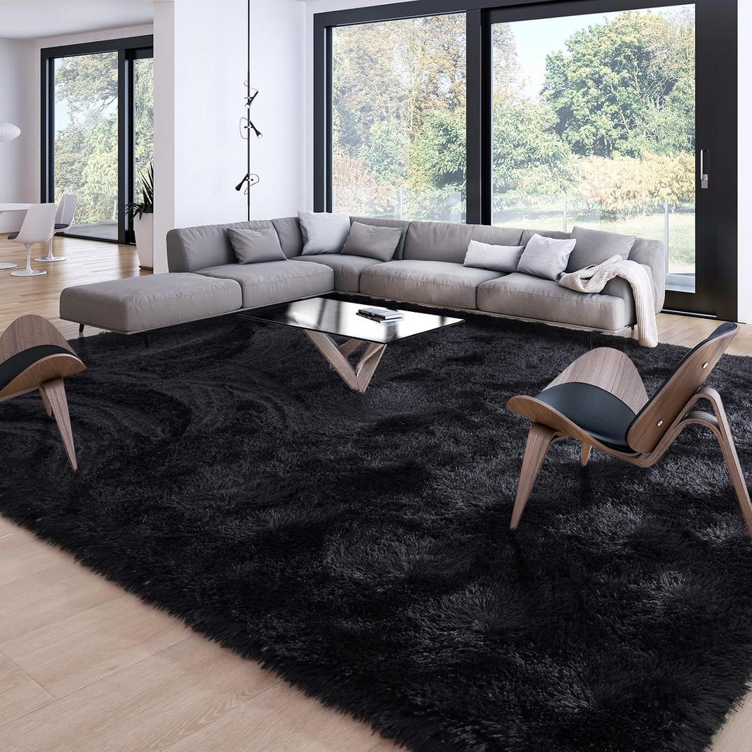 Merelax Soft Modern Indoor Large Shaggy Rug for Livingroom Bedroom Decor Aesthetic, Non-Slip Plush Fluffy Area Rugs for Boys Dorm Nursery Indoor Accent Floor Carpet 8x10Feet, Black