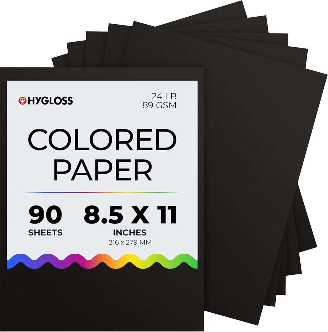 Hygloss Black Paper - 24 lb, 89 GSM, Fade-Resistant, Acid-Free, 8.5x11-Inch Letter Size Color Copy Paper, 90 Sheets