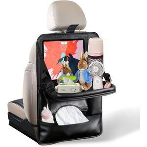 1-Pack Leather Car Backseat Organizer with Tablet HolderFoldable Food Tray,Storage Pockets,Trash Can,Tissue Holder & Insulated BagKick Mats Protector for Kids,Travel Accessories Organizer