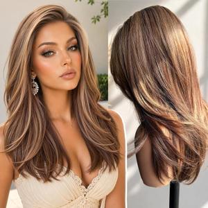 KOME Honey Blonde Highlight Synthetic Lace Front Wig, 13X4 HD Lace Glueless Long Layered Straight Strawberry Blonde Wigs for Women Daily Use 20IN #TT4/243