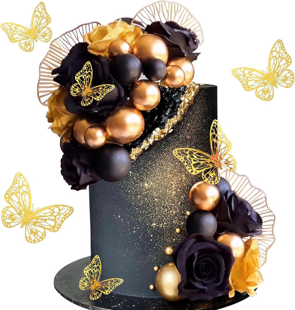 Black Gold Flowers Cake Toppers Butterfly Balls Cake Decorations for Birthday Wedding Baby Shower Boho Theme Party Supplies (Black Gold)