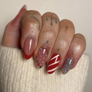 24Pcs Christmas Press on Red French Tip Almond Fake Nails with Red White Stripe Designs Full Cover Glossy Acrylic Sliver Glitter Stick on Medium False Nails