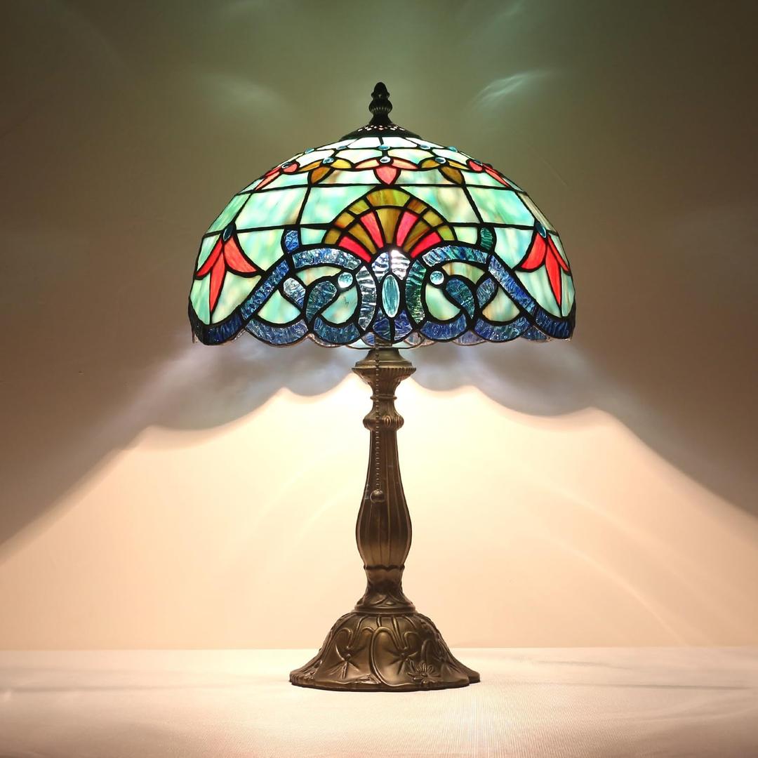 Stained Glass Table Lamp,12x12x19 Inch Antique Table Lamp for Tiffany Style Bedroom、Living Room、Home、Office Decor Lamp (Baroque)