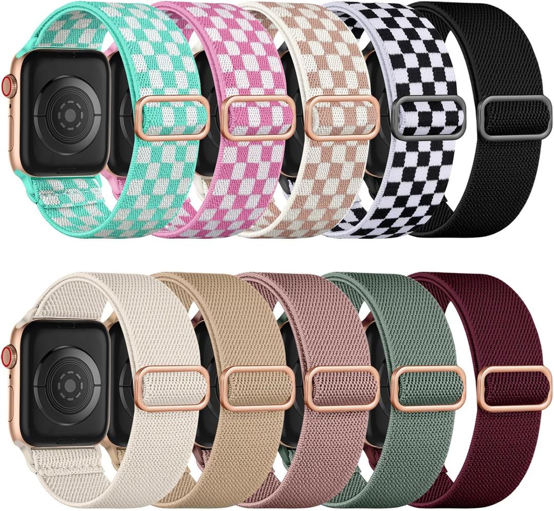 Maledan 10 Pack Stretchy Solo Loop Compatible with Apple Watch Band 40mm 38mm 41mm 42mm 44mm 45mm 46mm 49mm Women Men,Soft Nylon Elastic Braided Strap for iWatch Series 11 10 9 8 7 6 5 4 3 2 1 SE Ultra (Black/ZWalnut/Pink/Cactus/Wine/Starlight/Grid-Black White/White Green/Starlight Rose/Starlight Pink)