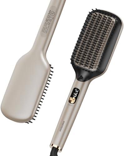 PRITECH Hair Straightening Brush Ionic 250-450°F Fasting Heating Anti-Scald & Auto-Off, Wide Plates Flat Iron Comb Teeth Dual-Voltage Hot Straightener Ionizer Anti-Frizz (Gold)