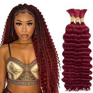 99J Burgundy Deep Wave Bulk Human Hair for Boho Braids, 3 Bundles/Pack 150g 16 Inch No Weft 12A Curly for Human Braiding Hair Extensions