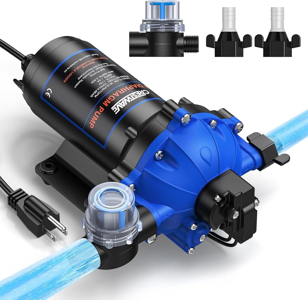 CrestWave Fresh Water Pump 7GPM 70PSI, 110V AC, Upgraded Five Chamber Self-Priming Diaphragm Water Pump with Pressure Switch and Strainer for RV, Home Water System, Irrigating & Industrial Settings