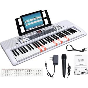 61 Key Electronic Keyboard Piano with Lighted Up Keys, Musical Mini Keyboard Piano with keyboard stand, Digital Portable Synthesizer Keyboards for Beginners Kids Adults (white)