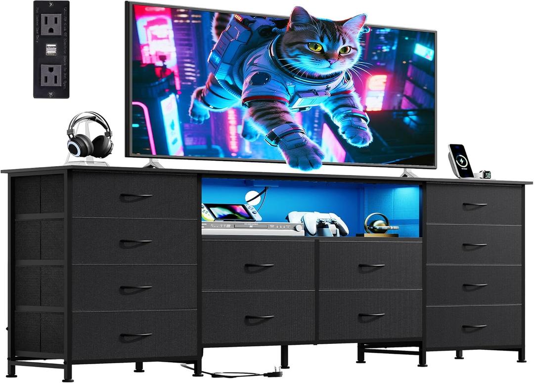 WLIVE 12 Drawer Dresser for Bedroom, Black Dresser TV Stand for 65, 70, 75 inch TV with Led Light & Charging Station, Wide Chest of Drawers with Open Shelves, Fabric Dressers for Closet, Living Room