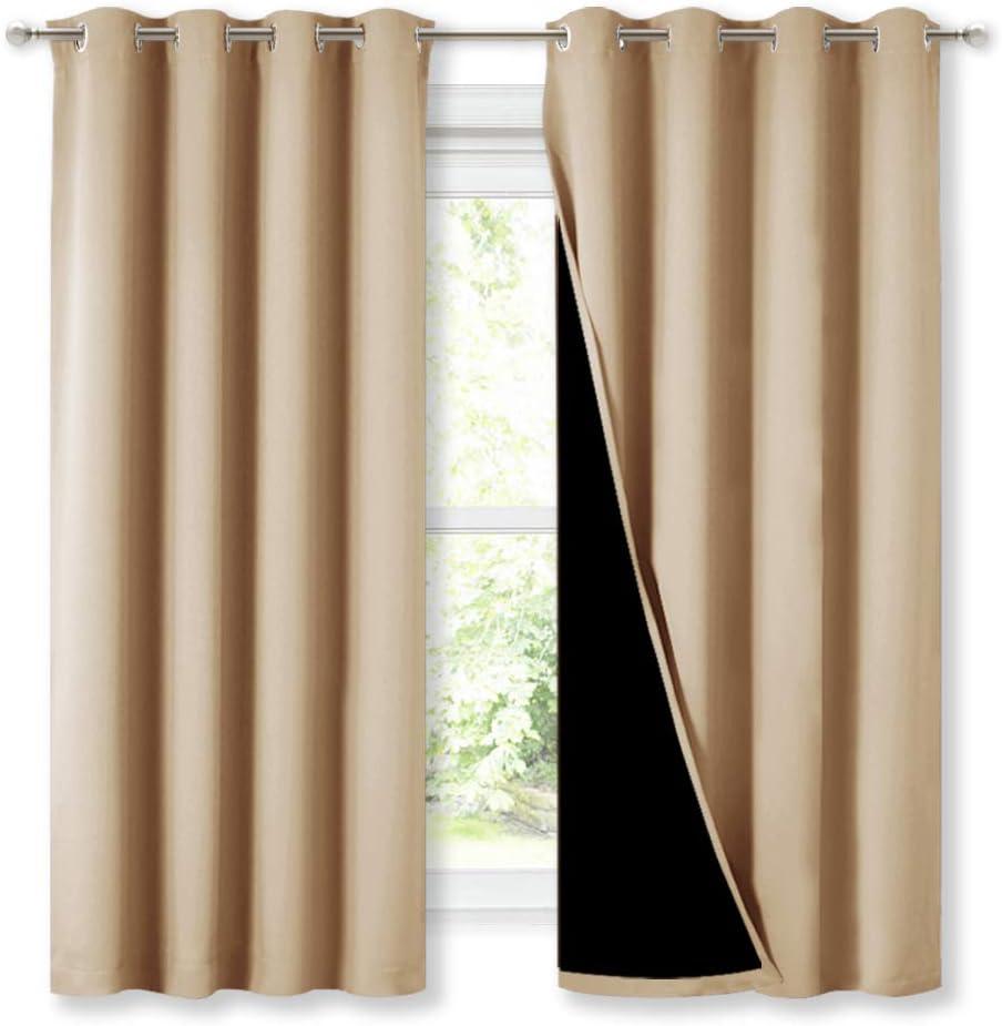 NICETOWN Bedroom Full Blackout Curtain Panels, Super Thick Insulated Window Covers, Complete Blackout Draperies with Black Liner for Short Window(Biscotti Beige, Set of 2 PCs, 52 by 63-inch)