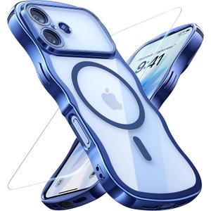 for iPhone 17 Case: [Cute Wave Frame][Fit for MagSafe] Military Drop Shockproof Protection, Camera Protective, Glossy Slim Magnetic Wavy Phone Cover for Women Girls 6.3'', Clear/Blue