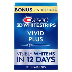 Crest 3D Whitestrips Vivid Plus, Whitestrips 3D White, Teeth Whitening Strip Kit, 10 Treatments + 2 Bonus Treatments (Each with 1 Upper/1 Lower Strip), 24 Strips, 8 Levels Whiter, Crest Teeth Whitening Strips, Teeth Whitening Kit