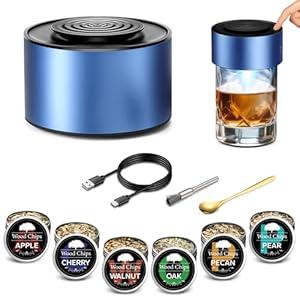Electric Whiskey Smoker Kit with Built-in Lighter, Rechargeable Cocktail Smoker for Drinks & Food, Includes 6 Wood Chips & USB Charging Unique Flame Gift for Men, Dad, or Husband