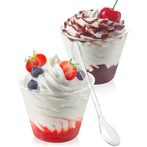 50 Pack 5 oz Plastic Dessert Cups with Spoons, Mini Mousse Cup Round Pudding Cups Party Serving Bowl for Cocktails Appetizers Fruit Parfait and Trifle