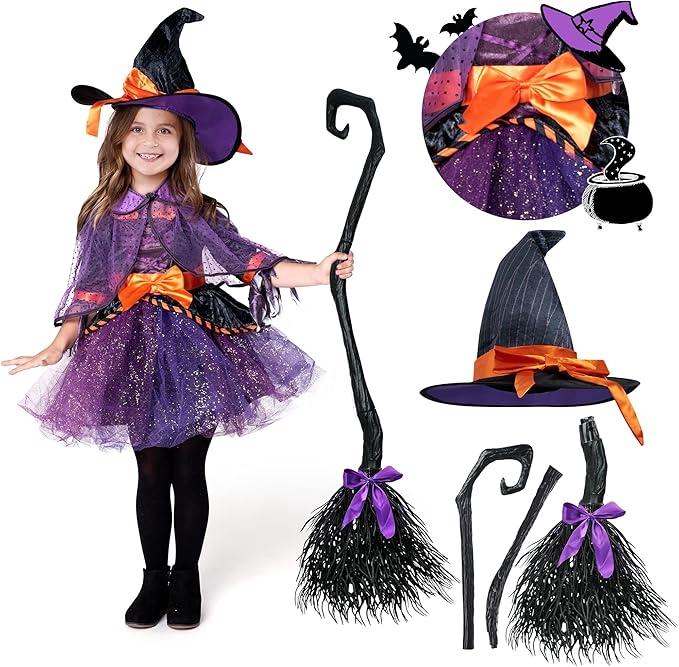 Spooktacular Creations Child Girl Orange Purple Witch Costume, Toddler Witch Outfit Set with Broom for Kids Halloween Party, Size -3T