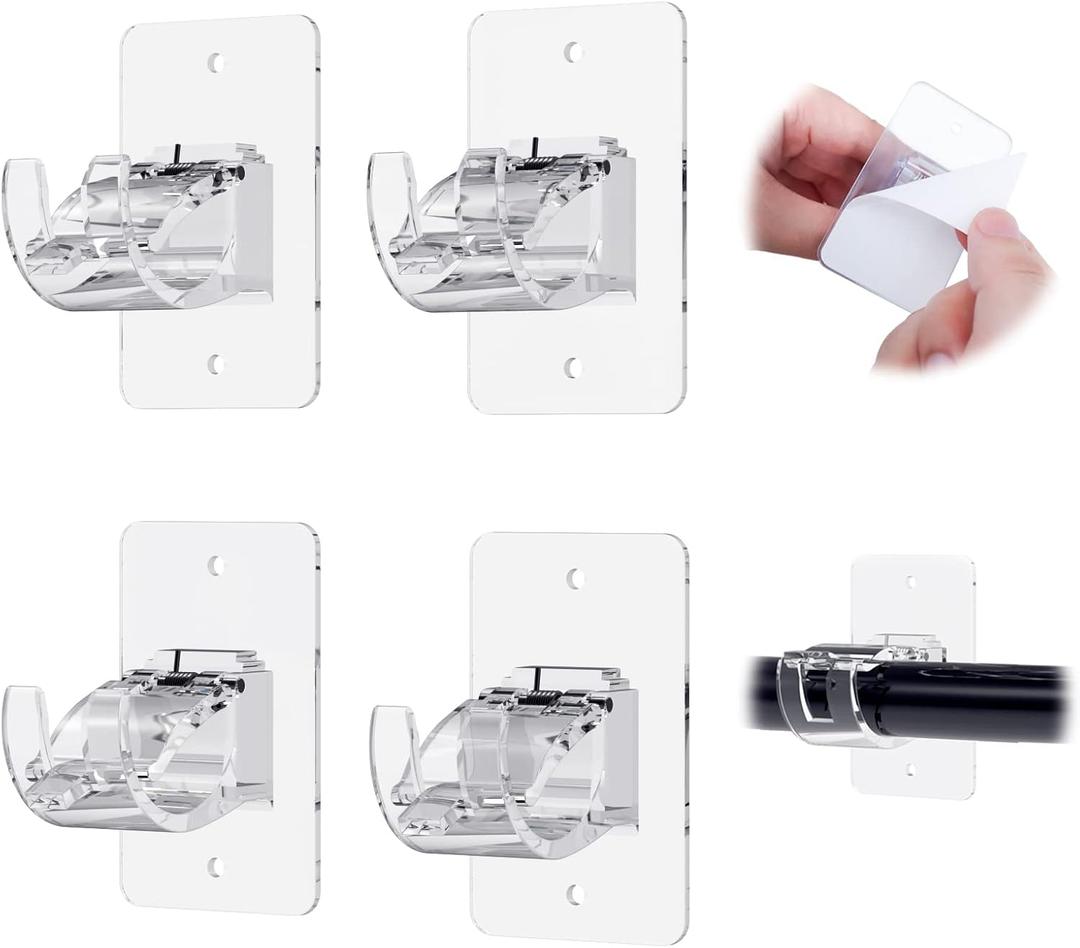 CIEMGNZOC 4PCS No Drill Curtain Brackets, Self-Adhesive Rod Holders, Adjustable Hooks for Rods Under 1.57 Inch (Transparent)