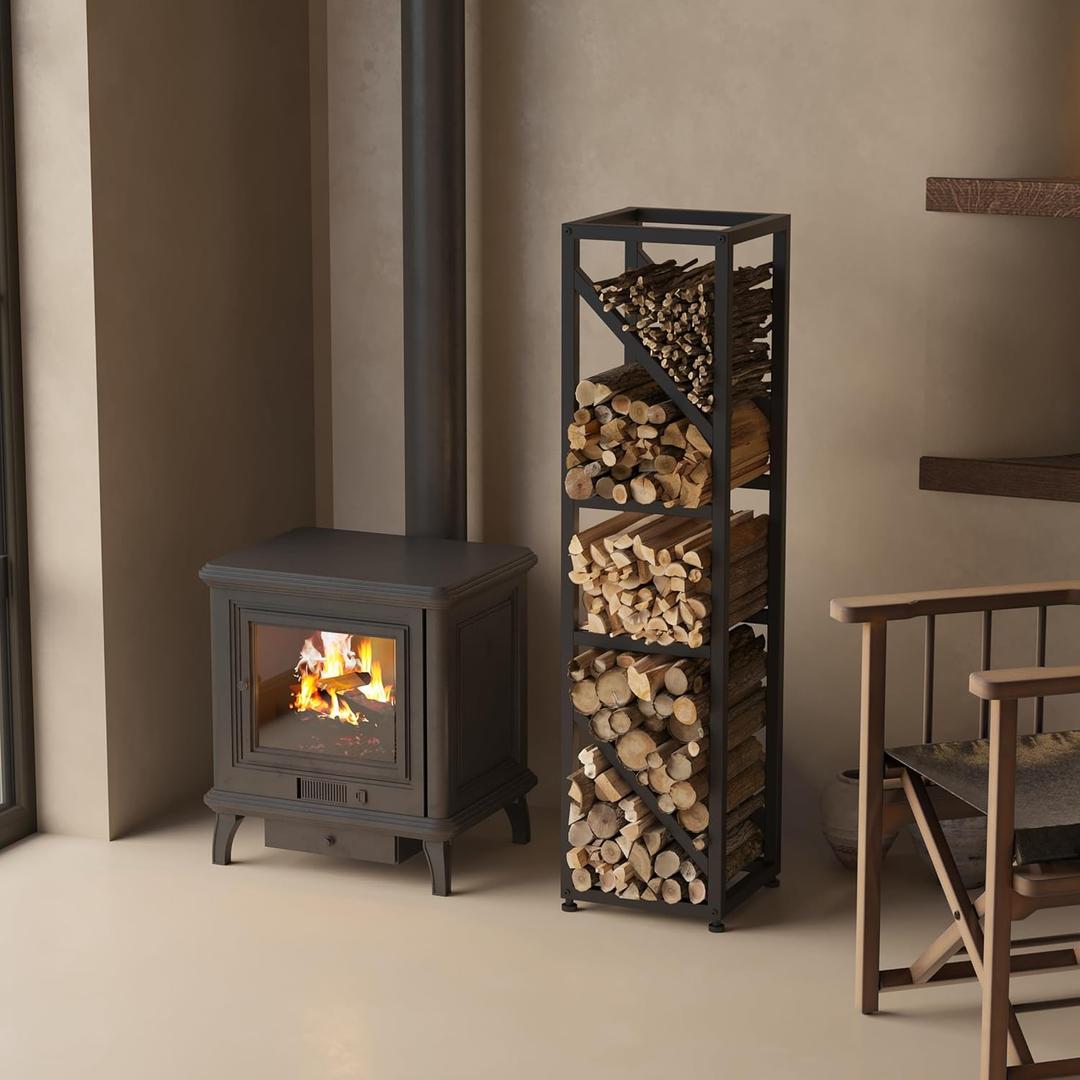 Wakeyard 47 Inch Tall Indoor Firewood Rack Outdoor, 5Tier Functional Fireplace Log Holder, Heavy Duty Metal Firewood Storage Rack, Decorative Log Organizer, AntiRust Coating, Adjustable Pads