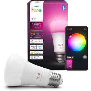 Philips Hue Smart LED A19 Bulb 1-Pack, White & Color Ambiance, E26 Base, 10.5W, Full Spectrum Light 1000K-20000K, 1100 Lumens, Dimmable, Works with Alexa, Google, Apple