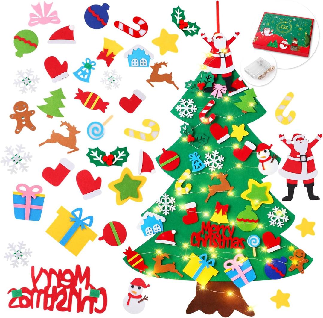 Felt Christmas Tree for Toddlers, YCOISINI 3.2ft My First Christmas Tree for Kids, 34 Ornaments Wall Hanging DIY Xmas Decorations with String Light (Batteries Not Included), Monochrome Version