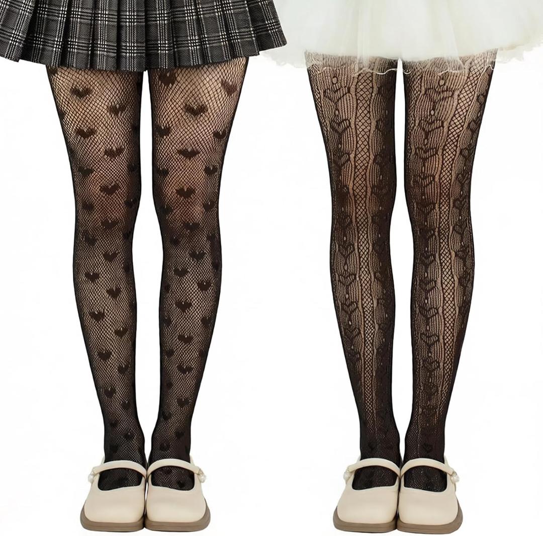 2 Pack Girls Lace Tights Kids Sheer Patterned Fishnet Stockings Dance Pantyhose for Halloween Tights (Black, S)