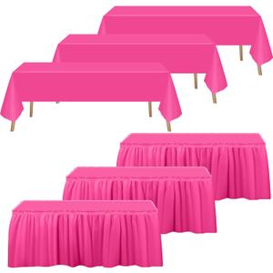Oudain 6 Pcs Plastic Table Skirts and Stainproof Table Cloths 54 x 108 in Plastic Ruffle Tablecloth 168 x 29 Inches Disposable for Wedding Baby Shower Valentine Spring Easter Party(Hot Pink)