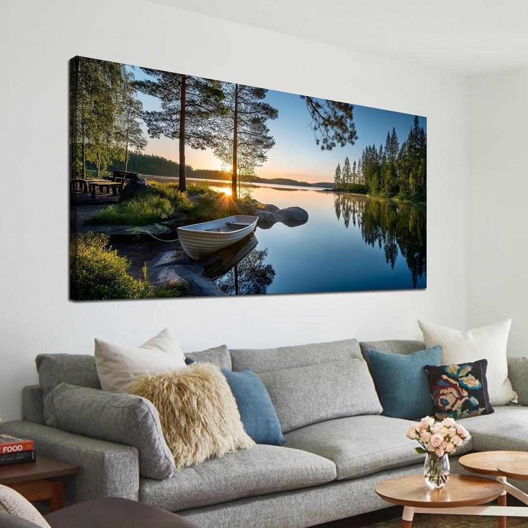 SSNEEKNDG Large Green Landscape Canvas Wall Art for Living Room Forest Lake Sunset Canvas Prints Nature Scenery Artwork for Bedroom Office Home Decor Ready to Hang 29x58 Inch