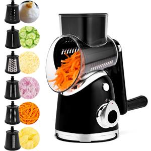 SUSTEAS Rotary Cheese Grater with Handle,Vegetable Slicer with 6 Interchangeable Blades, Reinforced Suction,Easy to Clean,Kitchen Shredder for Crushed Ice,Fruits and Nuts with Blade Storage Case,Black