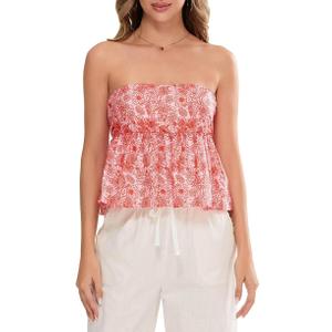 Women's Tie Back Cropped Tube Top Cute Floral Strapless Babydoll Peplum Tops Trendy Summer Casual Flowy Bandeau Outfit (Red, XL)