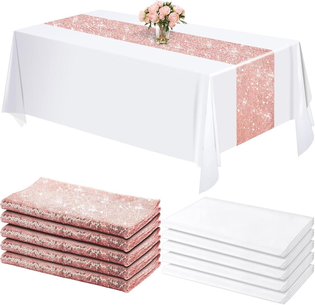 Shimeyao 10 Pcs Rose Gold Table Runner and Tablecloth White Rectangle 54 x 108 Inch Table Cover Sequin 12 x 108 Inch Runners Disposable Plastic Tablecloth for Wedding Baby Shower Birthday