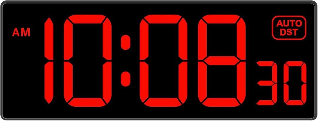 Soobest LED Digital Wall Clock, Large Digital Clock Bold Numbers with Seconds for Seniors Visually ImpairedPlug Electric Clock Dimmable Auto DST Large Display 10 Inches (Red)