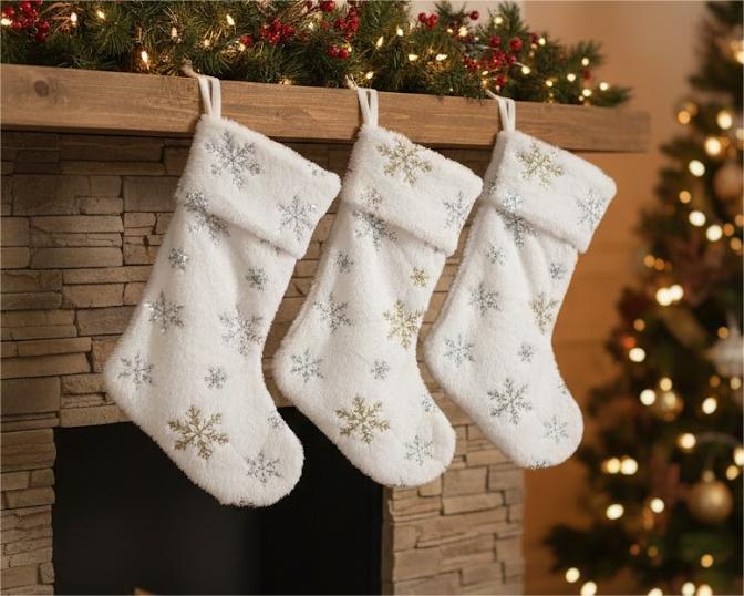 Rustic Personalized Christmas Stockings, 5 Pcs 18 Inch Luxury Snow White Thick Plush Faux Fur Stocking with 5 Styles of Textured Patterns, Home Decor Party Christmas Decorations Gift for Mantal