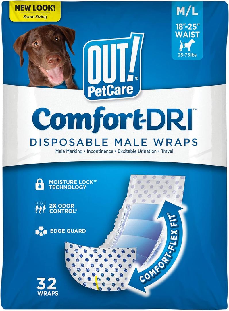 Out! PetCare Disposable Male Dog Wraps, Puppy Pee Wraps, Belly Bands for Dogs, Leak Proof, Wetness Indicator, Puppy and Doggie Diaper for Peeing, Medium/Large, 32 Count