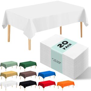 20 Pack White Disposable Plastic Tablecloth, 54" x 108" Rectangle Premium Disposable Tablecloth for 6 to 8 Foot Party Birthday Wedding Indoor or Outdoor (20 Pack-Rectangle, White)