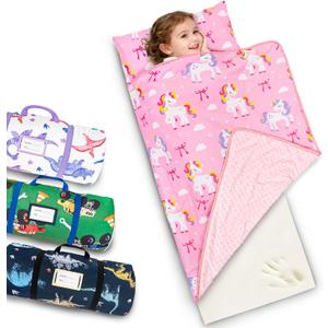 Primlect Toddler Thickened Foam Nap Mat with Pillow, Extra Large 55"x35", Soft, Supportive Sleeping Bag with Detachable, Washable Cover, for Sleepover, Home, Travel, Boys and Girls (Pink Unicorn)