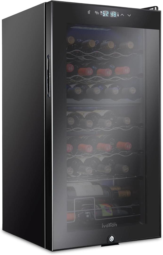 Ivation 28 Bottle Dual Zone Compressor Cooler Refrigerator w/Lock | Large Freestanding Cellar For Red, White, Champagne | 41f-64f Digital Temperature Control Fridge Glass Door Black