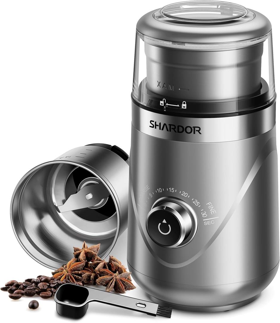 SHARDOR Electric Super Silent Blade Coffee Grinder, Timed Grind Control Rotary Knob, Adjustable Coarse to Fine for Coffee Beans, Spices & Herbs, with 1 Removable Stainless Steel Bowl, Sliver