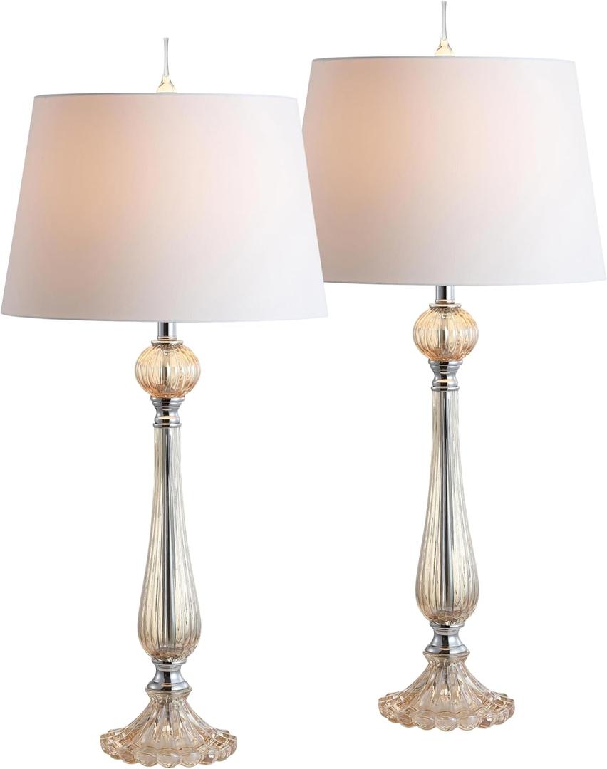 JONATHAN Y 32.5" Champagne Glass Table Lamp Set of 2 for Living Room Bedroom, Traditional French Country Bedside Lamps with White Faux Silk Shade, LED Bulbs Included JYL2067A-SET2