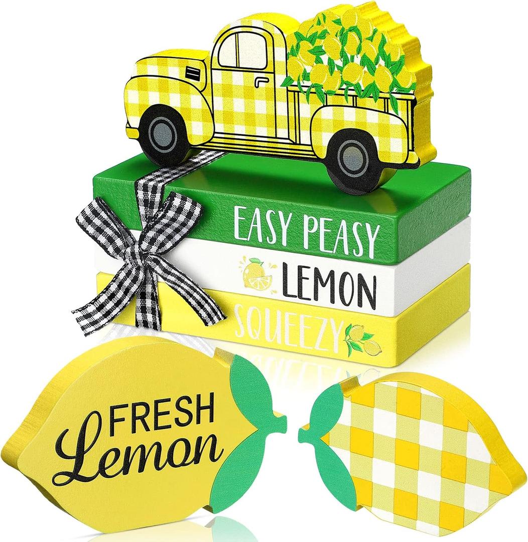 Yalikop 5 Pcs Lemon Centerpieces for Table Lemon Kitchen Decor Rustic Summer Tiered Tray Decor Yellow Wooden Fruit Sign Decorative Book Stack with Twine for Home Wall Kitchen Office Desk Shelf Mantel, 5.31 x 3.54 x 3.15 inches