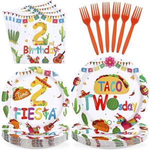 96Pcs Taco Twosday Party Decorations Mexican Fiesta 2nd Birthday Plates and Napkins Tableware Sets Mexican Party Decoration for Cinco De Mayo Taco Tuesday 2 Years Old Party Supplies Serves 24