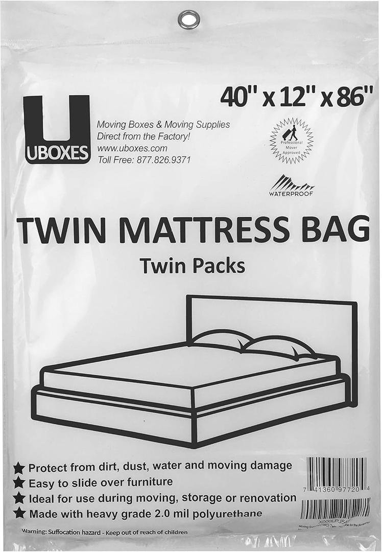 UBOXES Twin Size Mattress Covers, 40'' x 12'' x 86'', Clear, 2 Pack, for Protecting, Storing & Moving Your Mattress