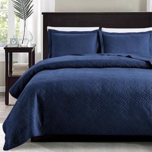 Love's cabin King Size Quilt Set Navy Blue Bedspreads - Soft Bed Summer Quilt Lightweight Microfiber Bedspread- Modern Style Wave Pattern Coverlet for All Season - 3 Piece (1 Quilt, 2 Pillow Shams)