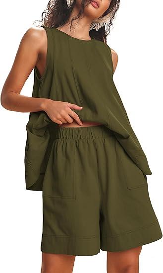 Womens 2 Piece Lounge Set Casual Summer Outfits Sleeveless Tank Top and Elastic Waist Shorts with Pockets