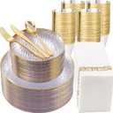 DaYammi 350PCS Clear Gold Plastic Dinnerware Set for 50 Guests, Hammered Disposable Plates for Party, Include: 50 Dinner Plates, 50 Dessert Plates, 150 Gold Silverware, 50 Napkins, 50 Cups