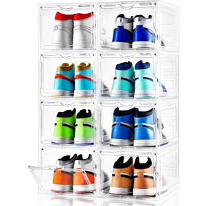 Clemate Upgraded X-Large Shoe Storage Box,8 Pack,Shoe Box Clear Plastic Stackable,Drop Front Shoe Box with Clear Door,Shoe Organizer and Shoe Containers For Sneaker Display,Fit up to US Size13