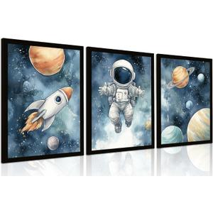 3 Pcs Astronaut Space Wall Art for Boys Room Framed 8x10 Inch Kids Outer Space Canvas Prints Rocket & Planets Galaxy Nursery Decor for Bedroom Playroom, 8W" x 10L"