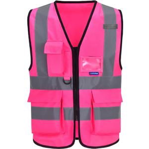 A-SAFETY Pink High Visibility Vest,Reflective Safety Vest Workwear 7 Pockets Hi Vis Durable Vest with Reflective Tapes 4 Lower Pockets,Small