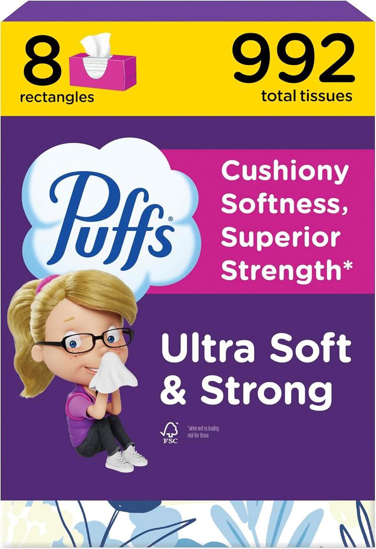 Puffs Facial Tissue Ultra Soft Non-Lotion, 8 Rectangle Boxes, 124 Facial Tissues per Box, Allergies and Colds 